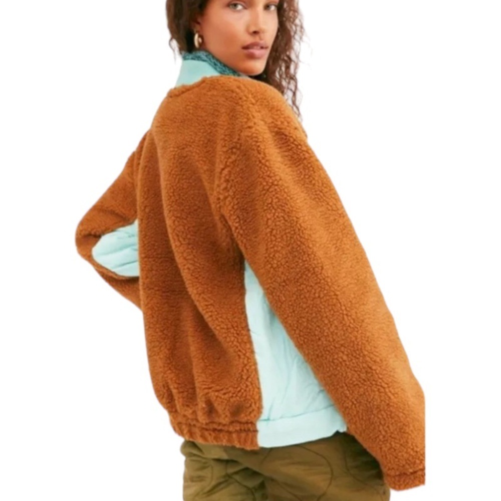 $168 Free People Teddy Bear Jacket Medium 8 10 Amber + Blue Blade Collar Pockets - Picture 8 of 16